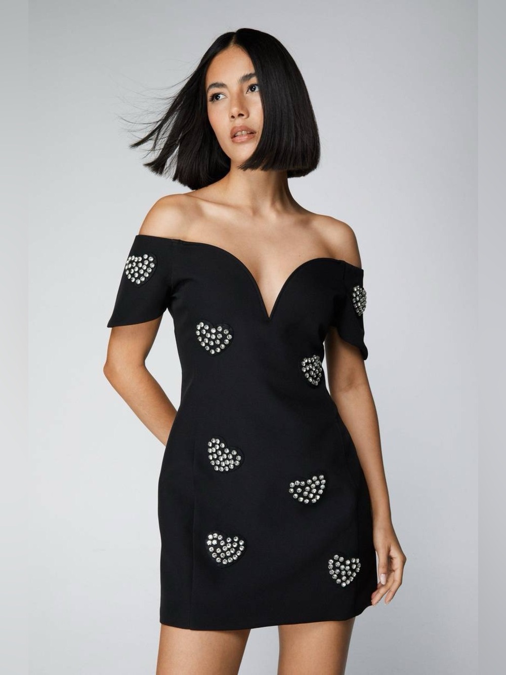Nasty Gal Black Off-Shoulder Mini Dress with Pearl Heart Accents